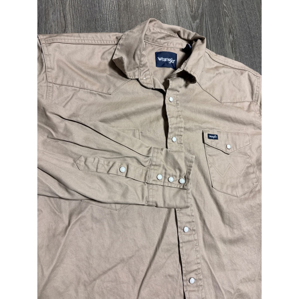 Wrangler Mens XL Khaki Tan Western Pearl Snap Long Sleeve Work Shirt Cotton